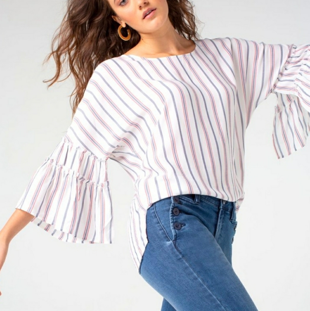 Liverpool Denim Striped Ruffle Bell Sleeve Top